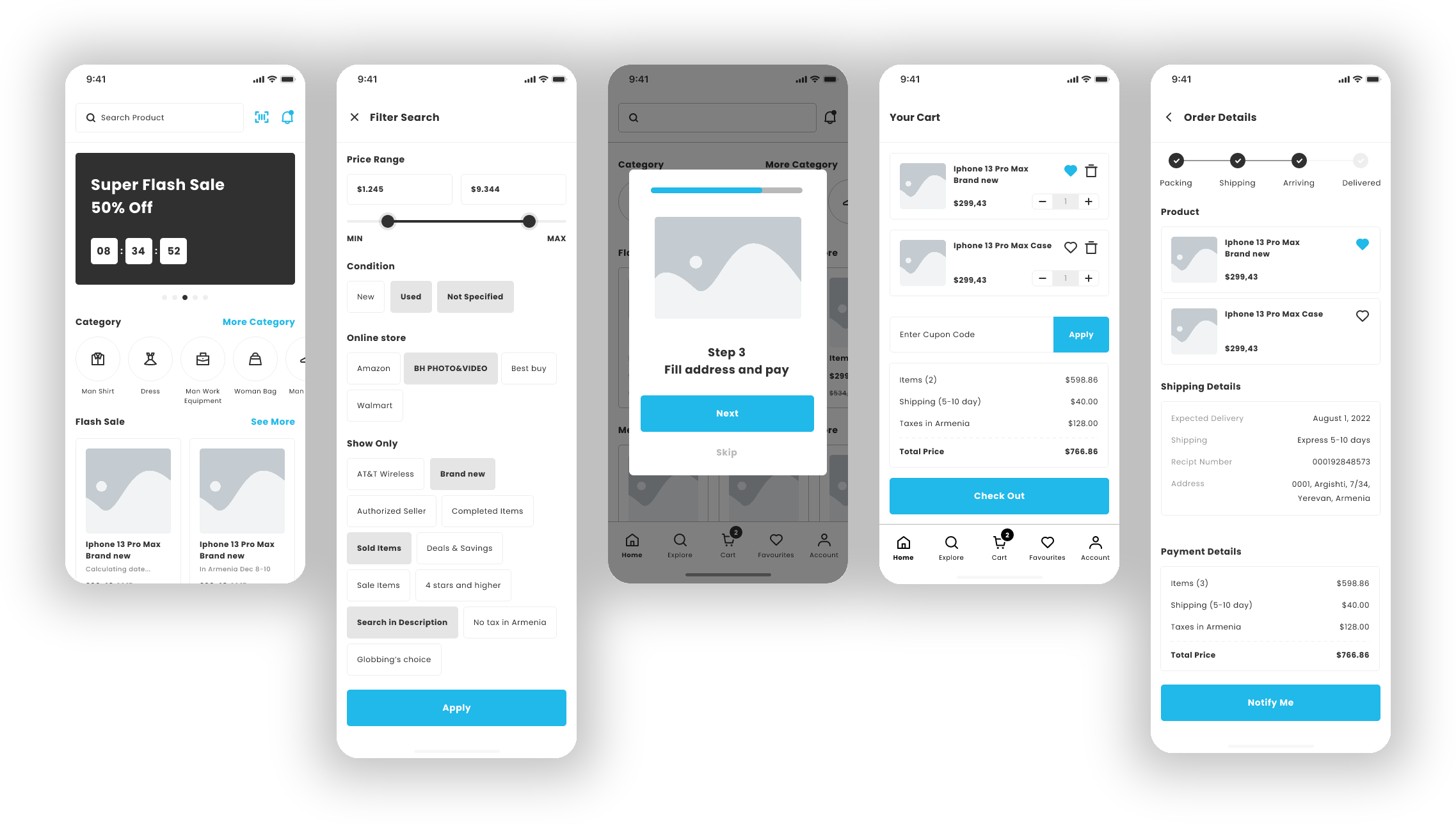 Mid-fidelity wireframes: home, filter search, onboarding step, cart with itemised shipping and taxes, and order details
