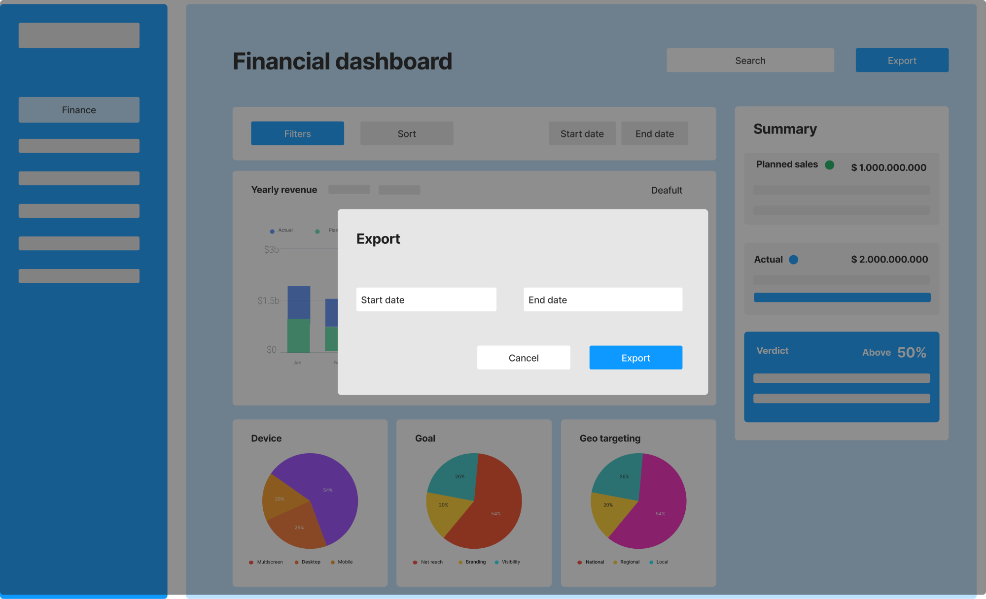 Wireframe iteration with export date-range modal open