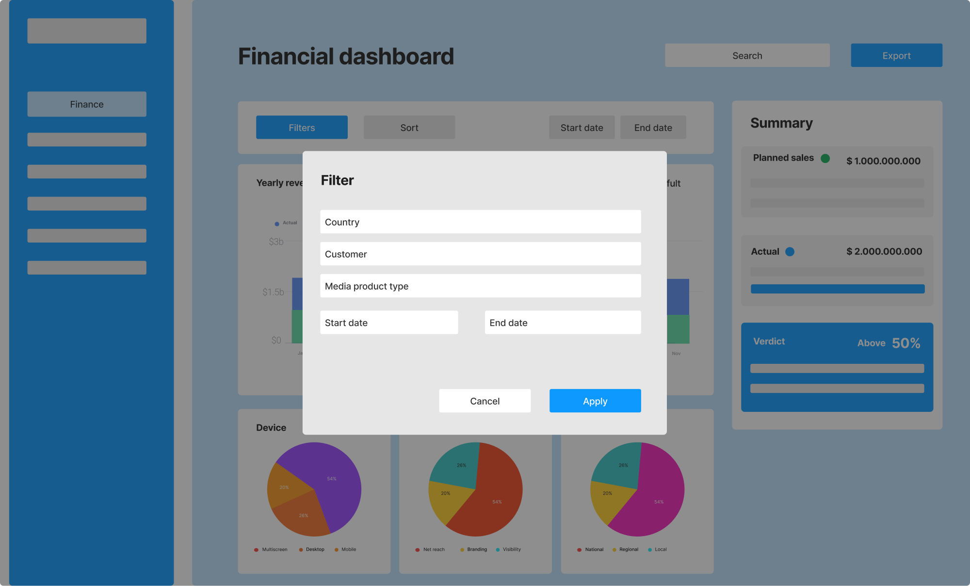 Wireframe iteration with filter modal dialog open