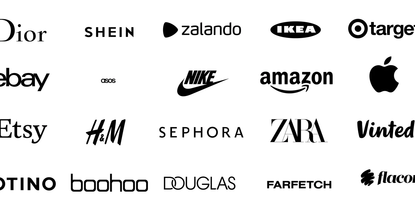 A wall of store logos: Zara, Amazon, Nike, Sephora and more