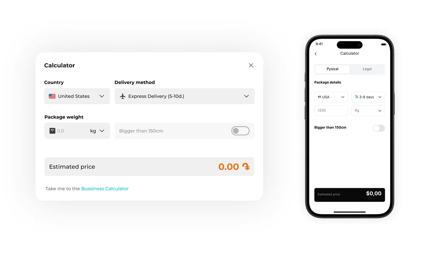 The delivery calculator on the website and in the app