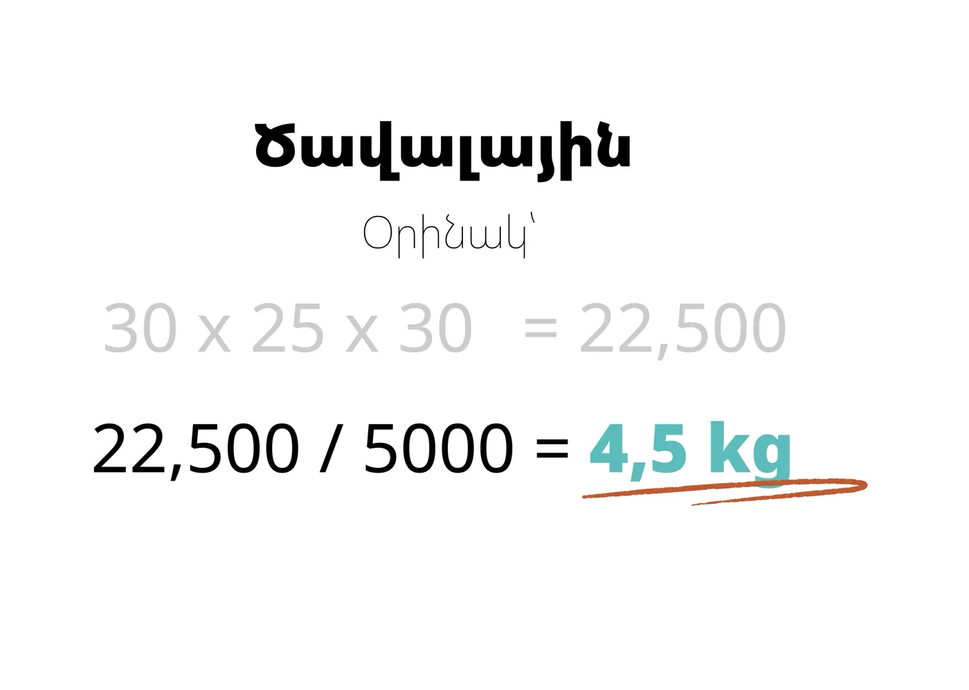 Volumetric weight worked out on screen: 22,500 / 5000 = 4.5 kg