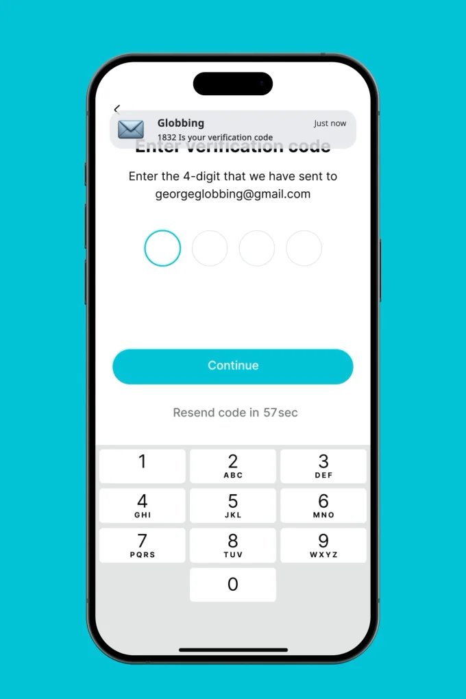 Phone on cyan showing the verification code screen with a message notification