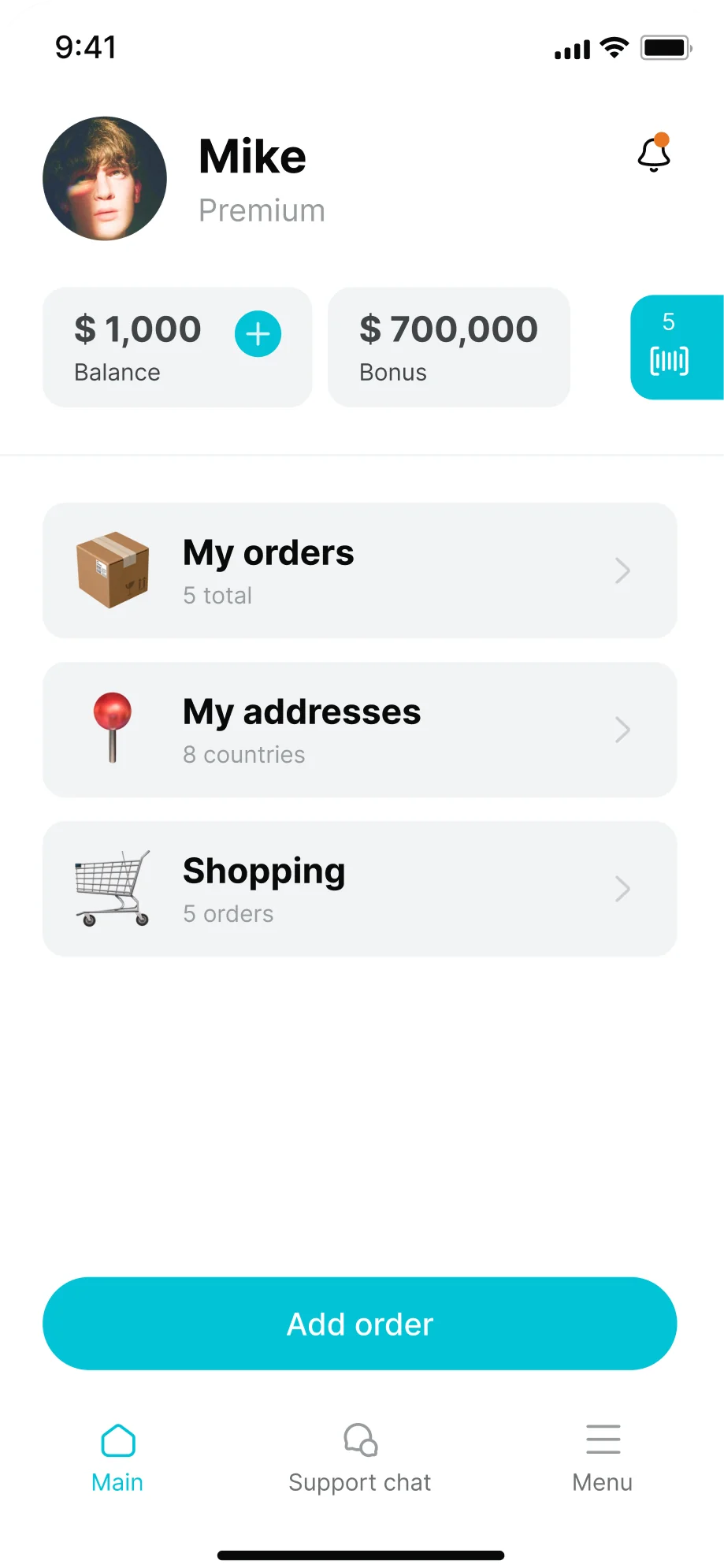Globbing app main screen showing balance, bonus, orders and a large Add order button