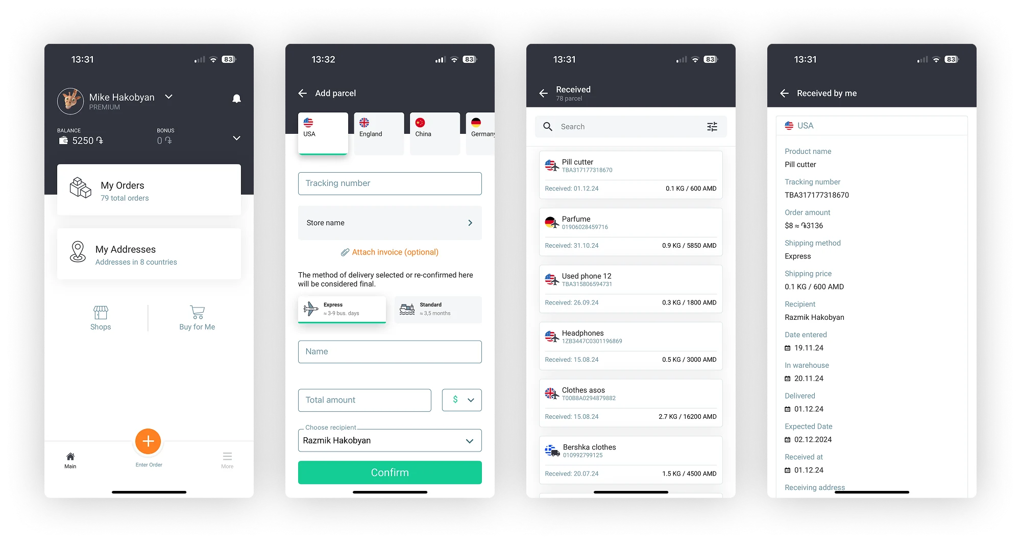 Four screens from the existing Globbing app: main screen, add parcel flow, received parcels list, and item detail