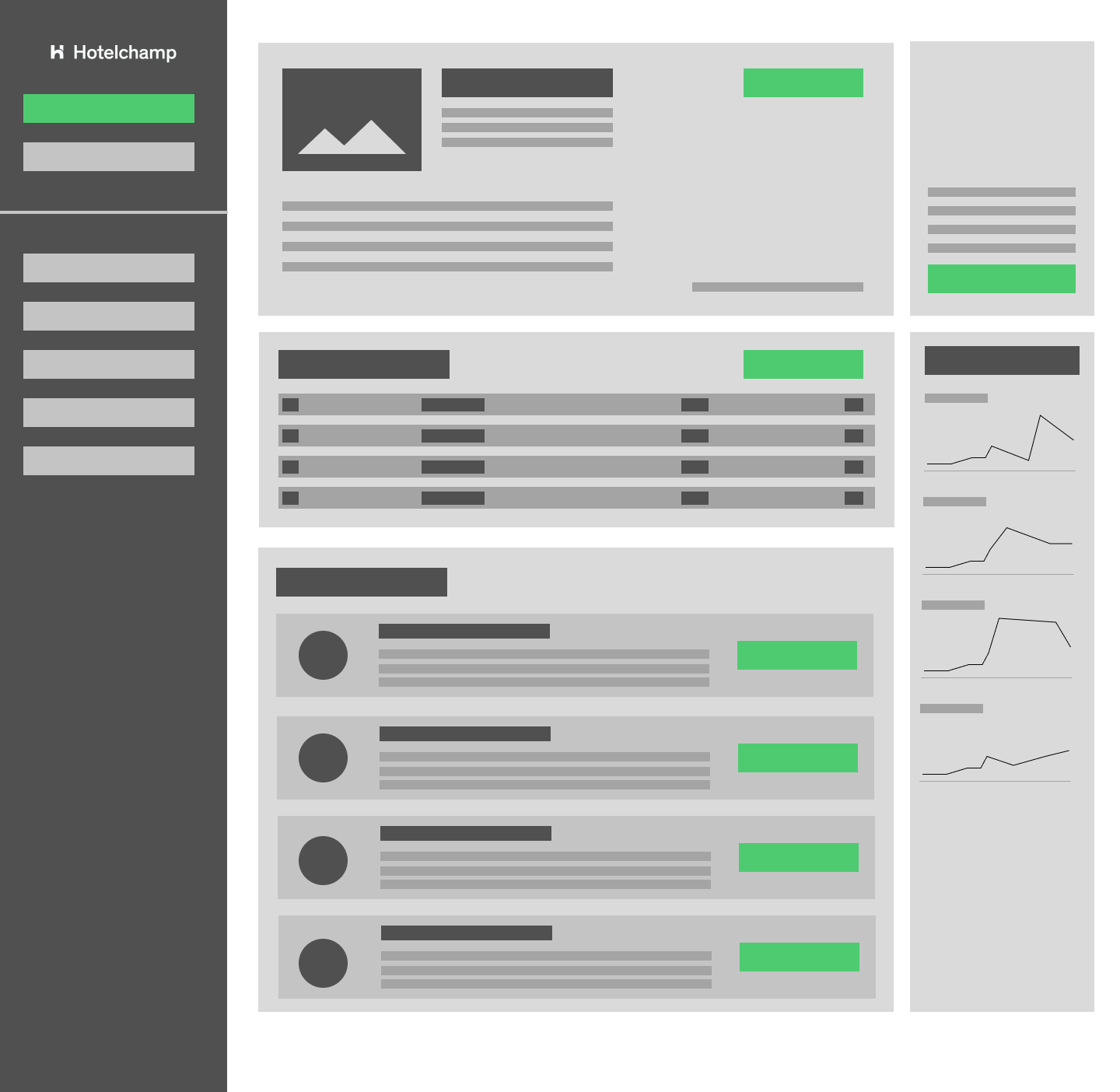 Low-fidelity wireframes outlining structural solutions for each page and element